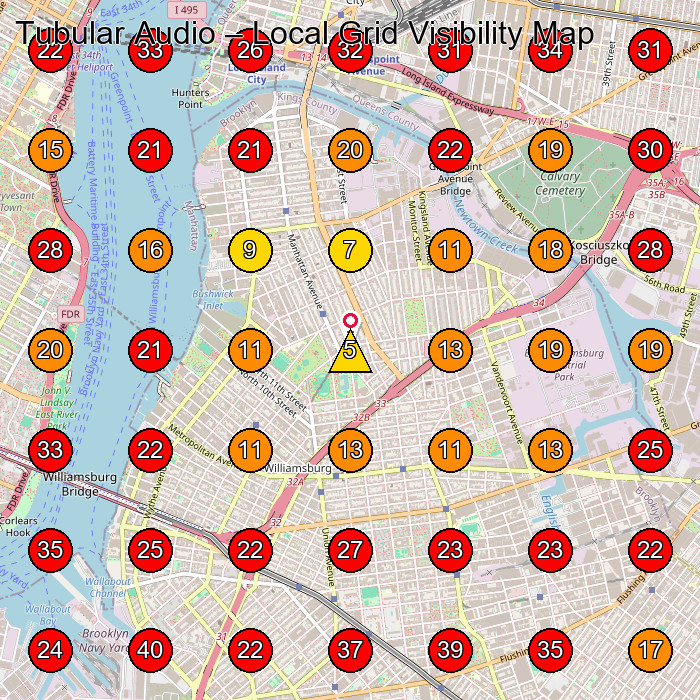 Tubular Audio GeoGrid visibility map for Electric Motor Scooter Dealer in Brooklyn